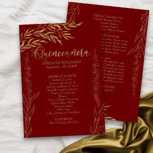 Elegante Red and Gold Leaf Quinceanera Programm