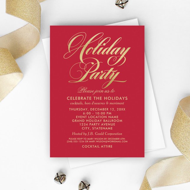 Elegante Red and Gold Script Holiday Party Einladung (Von Creator hochgeladen)