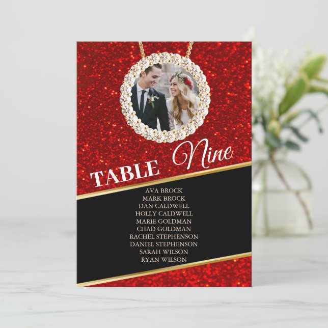 Elegante Red Black Glitzer Foto Seating Chart Card Einladung (Stehend Vorderseite)