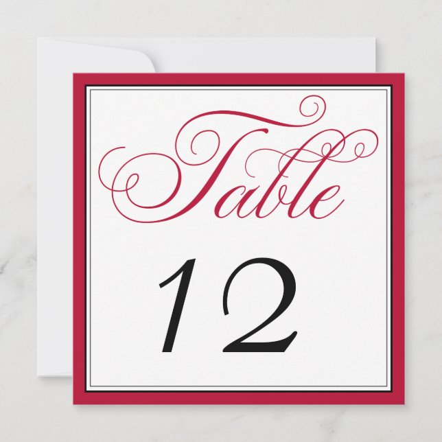 Elegante Red Black & White Script Tischnummer Card (Vorderseite)