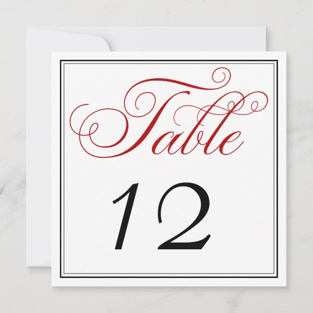 Elegante Red Black & White Script Tischnummer Card (Vorderseite)
