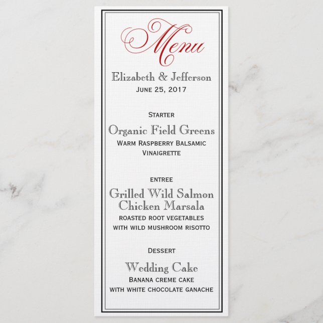 Elegante Red Black & White Script Wedding Menu Car Menükarte (Vorderseite)