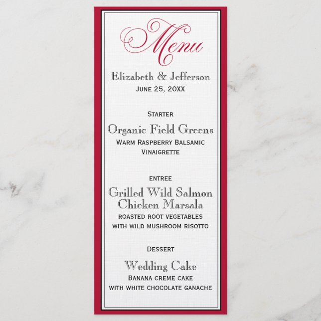 Elegante Red Black & White Script Wedding Menu Car Menükarte (Vorderseite)