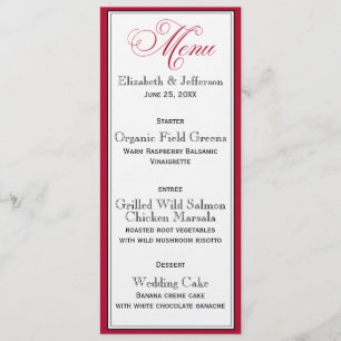 Elegante Red Black & White Script Wedding Menu Car Menükarte