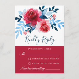 Elegante Red Blue Floral Watercolor Rose RSVP Card Hinweiskarte