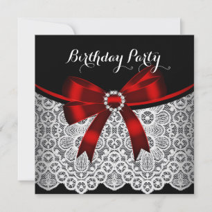Elegante Red Bow Black Lace White Birthday Party 2 Einladung