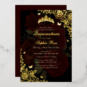 Elegante Red Burgundy Gold Rose Quinceanera Folieneinladung