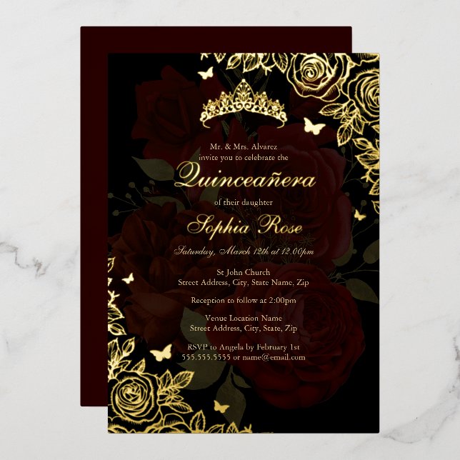 Elegante Red Burgundy Gold Rose Quinceanera Folieneinladung (Vorderseite/Rückseite)