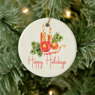 Elegante Red Candles Holly Blätter Happy Holidays Keramik Ornament