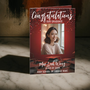 Elegante Red Confetti & Graduation Caps mit Foto Karte
