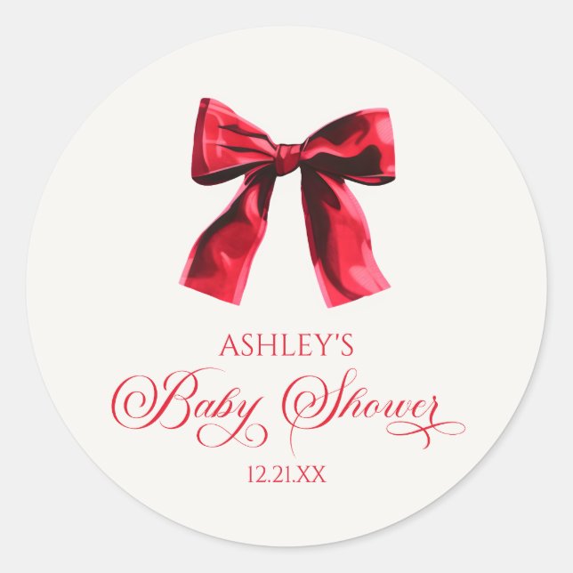 Elegante Red Coquette Bow Baby Shower Runder Aufkleber (Vorderseite)
