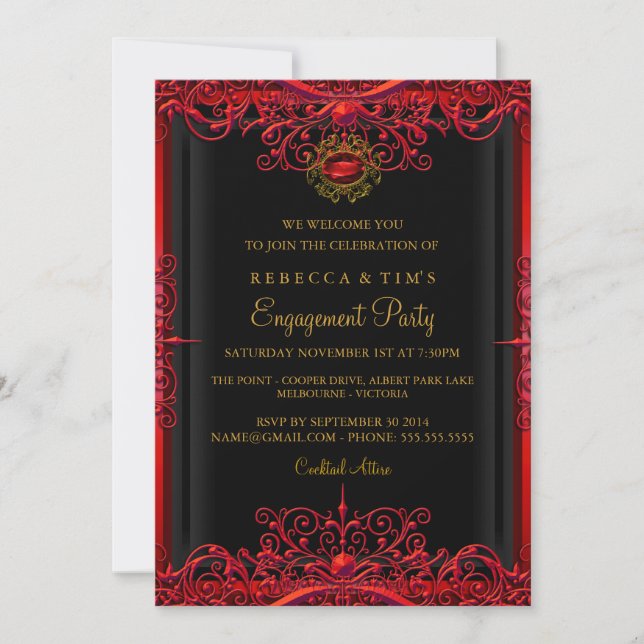 Elegante Red Damask Engagement Party - Einladung (Vorderseite)