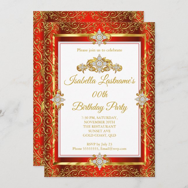 Elegante Red Damask Gold White Birthday Party Einladung (Vorne/Hinten)