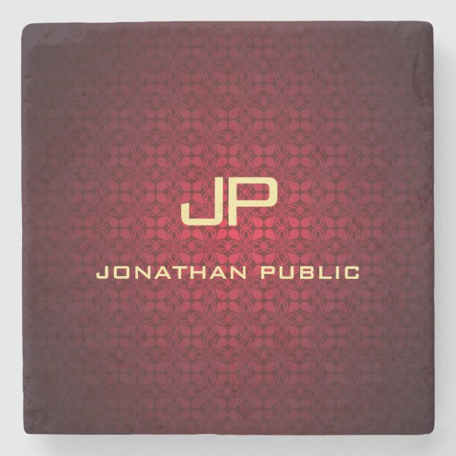 Elegante Red Damask Monogramm Nostalgische Vorlage Steinuntersetzer (Vorderseite)