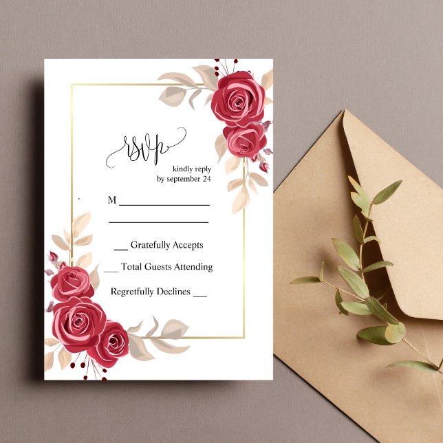 Elegante Red Floral Gold Frame Wedding RSVP Card Einladung (Von Creator hochgeladen)