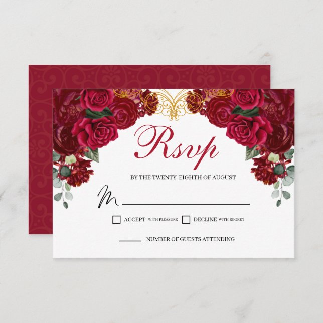 Elegante Red Floral UAWG Enclosure Card RSVP Karte (Vorne/Hinten)