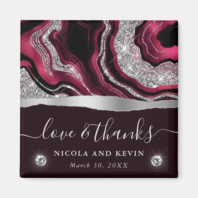 Elegante Red Foil und Silver Glitzer Agate Wedding Magnet (Vorne)