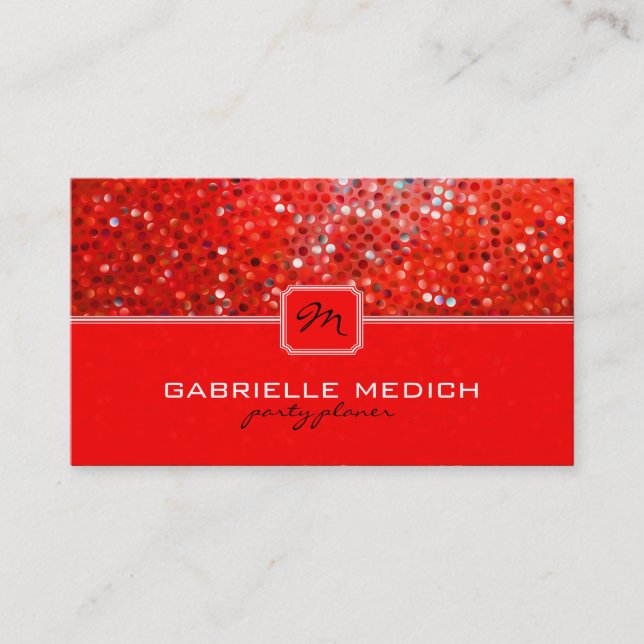 Elegante Red Glitzer Party Planer Business Card Visitenkarte (Vorderseite)