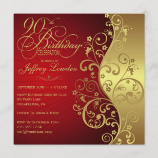 Elegante Red & Gold 90. Geburtstagsparty Einladung