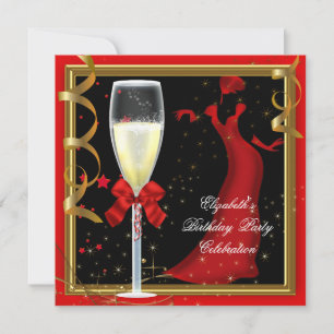 Elegante Red Gold Black Birthday Party Champagne Einladung