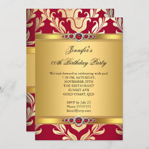 Elegante Red Gold Damask Pearl Birthday Party Einladung