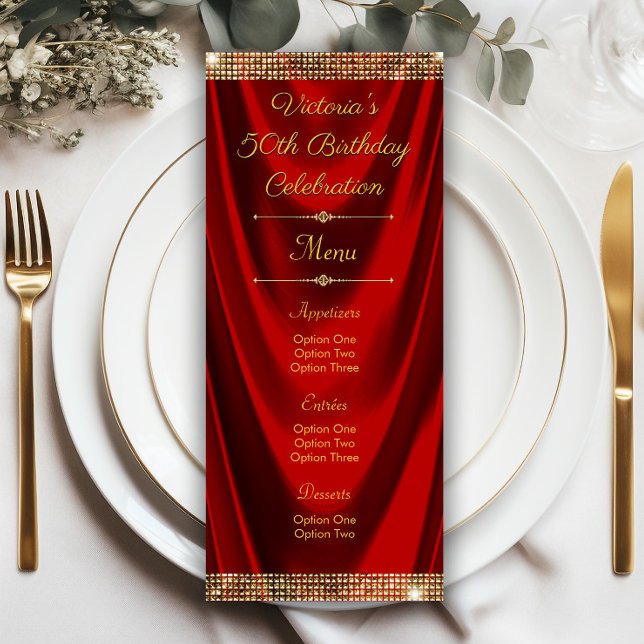 Elegante Red Gold Geburtstagsparty-Programme Einladung (Elegant red gold any occasion menu or program. Simply add your details.)