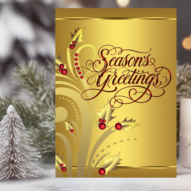 Elegante Red Gold Holly Christliche Weihnachten (Christian Christmas card with elegant red and gold design.)