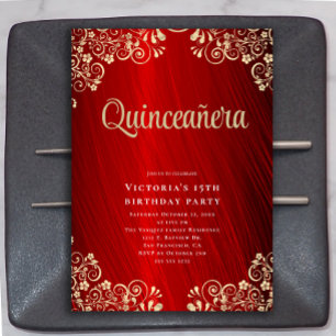 Elegante Red Gold Quinceñera 15. Geburtstagsparty Einladung