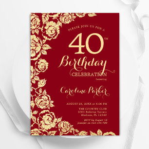 Elegante Red Gold Rose 40. Geburtstag Einladung