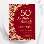 Elegante Red Gold Rose 50. Geburtstag Einladung<br><div class="desc">Rotes Gold Blumenladen 50. Geburtstagsfeier Einladung. Elegantes Design mit Rose,  Imitaten Goldfolie und Typografie Script Schriftart. Die trendige Einladungskarte eignet sich perfekt für eine stilvolle Damenfeier. Kann für jedes Alter angepasst werden. Gedruckte Zazzle-Einladungen oder Sofortdownload digitaler Druckvorlage.</div>