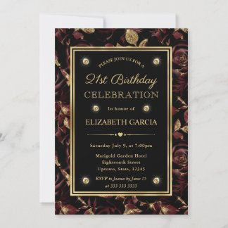 Elegante Red & Gold Rose Floral 21. Geburtstag Einladung