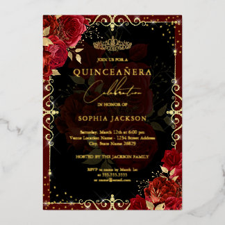 Elegante Red Gold Rose Quinceanera Folieneinladung
