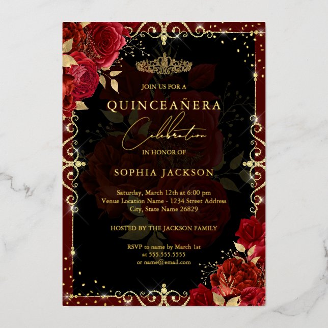 Elegante Red Gold Rose Quinceanera Folieneinladung (Vorderseite)
