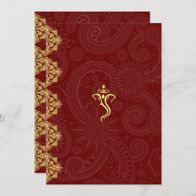 Elegante Red & Gold Vinayaka Wedding Insert Einladung (Vorne/Hinten)