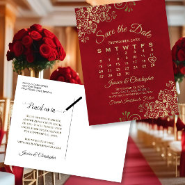 Elegante Red & Gold Wedding Save the Date Calendar Ankündigungspostkarte