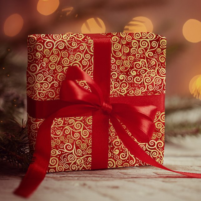 Elegante Red & Gold Wirbel Muster Boho Weihnachten Geschenkpapier (Von Creator hochgeladen)