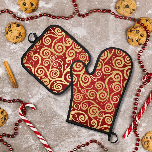 Elegante Red & Gold Wirbel Muster Boho Weihnachten Ofenhandschuh & Topflappen-Set (Von Creator hochgeladen)