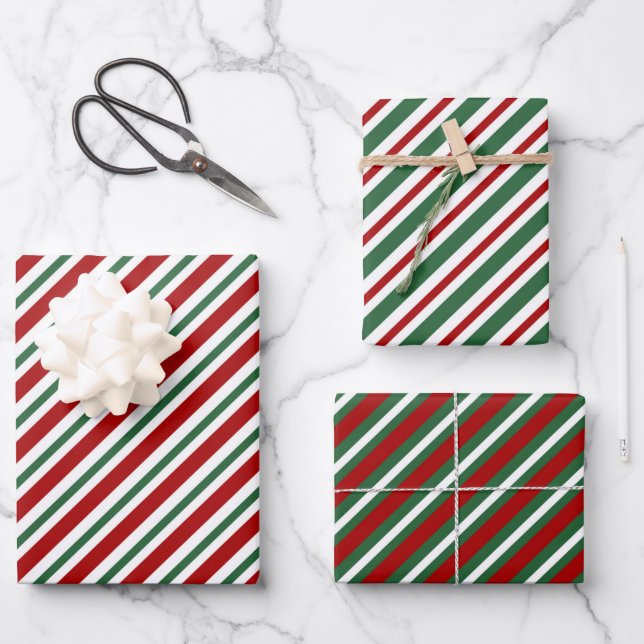 Elegante Red Green Stripes Weihnachten Geschenkpapier Set (Vorderseite)