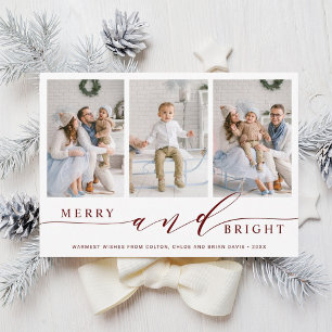 Elegante Red Merry and Bright 3 Foto Holiday Card Feiertagskarte