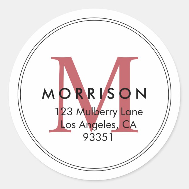 Elegante Red Monogram Rücksendeadresse Runder Aufkleber (Vorderseite)