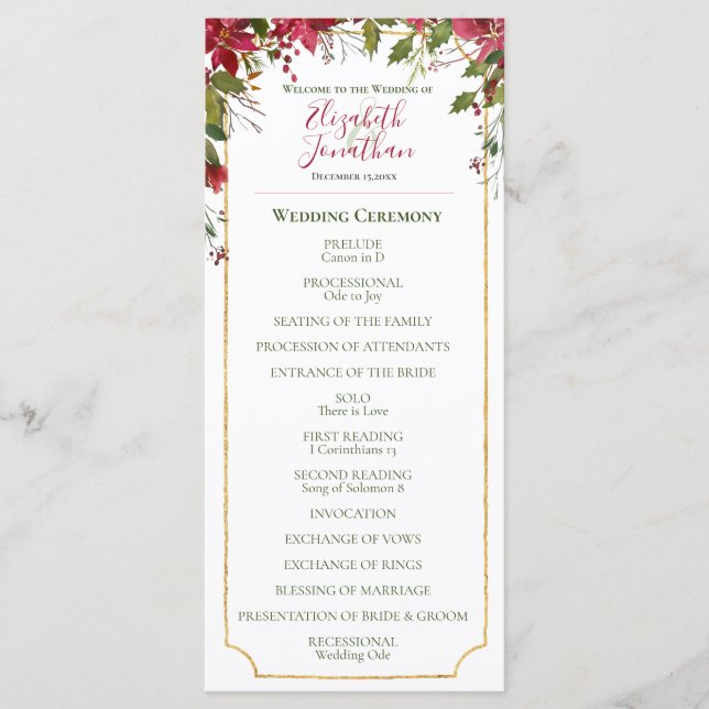 Elegante Red Poinsettia BlumenweihnachtsWedding Programm (Vorderseite)
