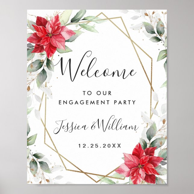 Elegante Red Poinsettia ENGAGEMENT PARTEI Willkomm Poster (Vorne)