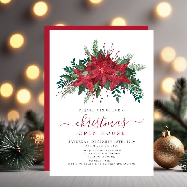 Elegante Red Poinsettia Floral Christmas Open Hous Einladung (Elegant Red Poinsettia Floral Christmas Open House Invitation
)