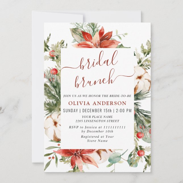 Elegante Red Poinsettia Watercolor Bridal Brunch Einladung (Vorderseite)