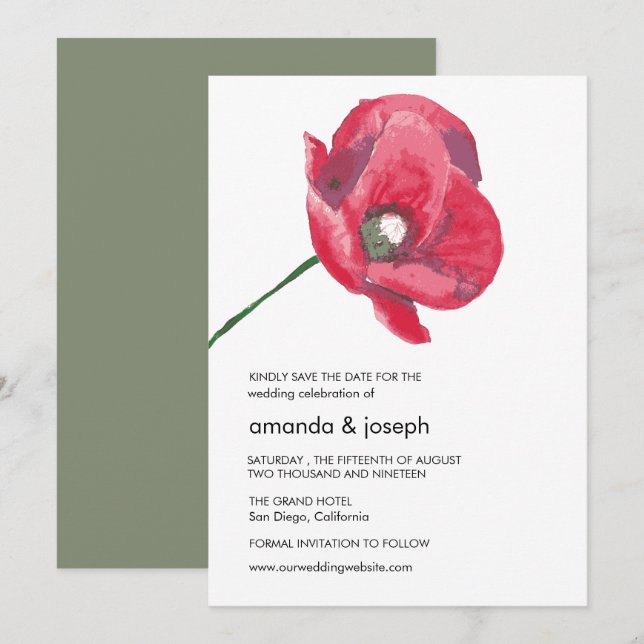 Elegante Red Poppy Hochzeit Sichern Sie die Datums Einladung (Vorne/Hinten)