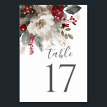Elegante Red Silver Christmas Winter Floral Weddin Tischnummer<br><div class="desc">Tischnummer zeigt eine elegante Weihnachts-,  Winter-Blumenwasserfarbe mit weißer Blume,  roten Beeren,  silbernen heiligen Blätter und Evergreens.</div>