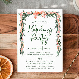 Elegante Red Striped Bow Greenery Holiday Party Einladung