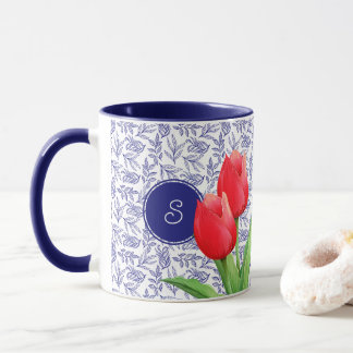 Elegante Red Tulips Spring Floral Blue Monogram Ta Tasse