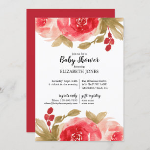 Elegante Red Watercolor Rose Baby Shower Einladung