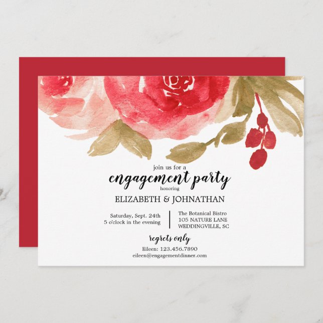 Elegante Red Watercolor Rose Engagement Party Einladung (Vorne/Hinten)